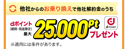 他社からのお乗り換えで他社解約金のうちdポイント（期間・用途限定）最大11,000ptプレゼント